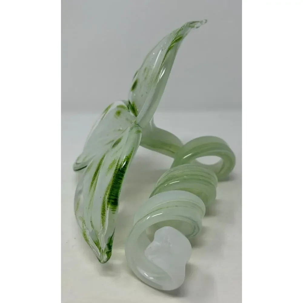 Hand Blown Glass Green Sparkled Three Petal Flower with Curled Stem